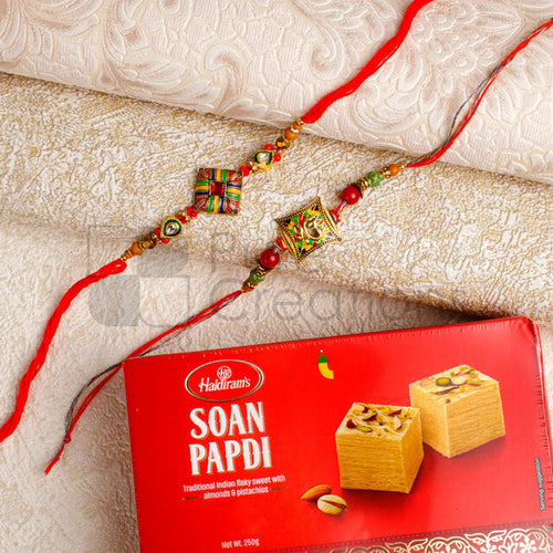 Square Metallic 2 Rakhi Set With Soan Papdi - For Canada